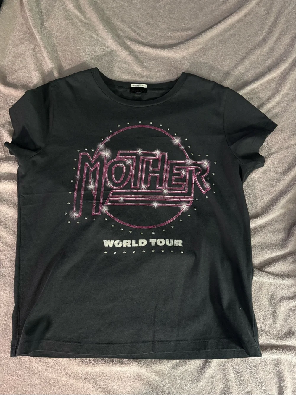 MOTHER Black Tee with Pink Rhinestone 'WORLD TOUR' Graphic
